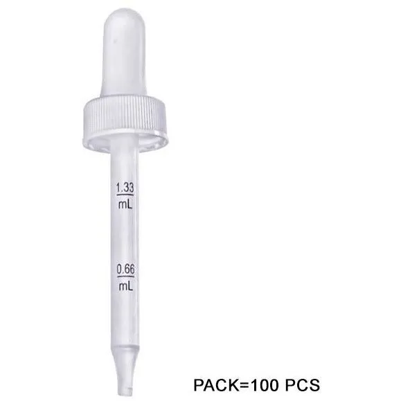 Medicine Eye Dropper – 100-PACK Plastic Graduated 0.66 mL- 1.33 mL; 20/400 Finish, White Bulb. Pipette is 3" in Length. Wrapped with Sealed Plastic Integrity Packaging