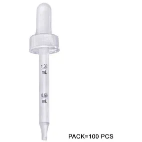 Medicine Eye Dropper – 100-PACK Plastic Graduated 0.66 mL- 1.33 mL; 20/400 Finish, White Bulb. Pipette is 3" in Length. Wrapped with Sealed Plastic Integrity Packaging