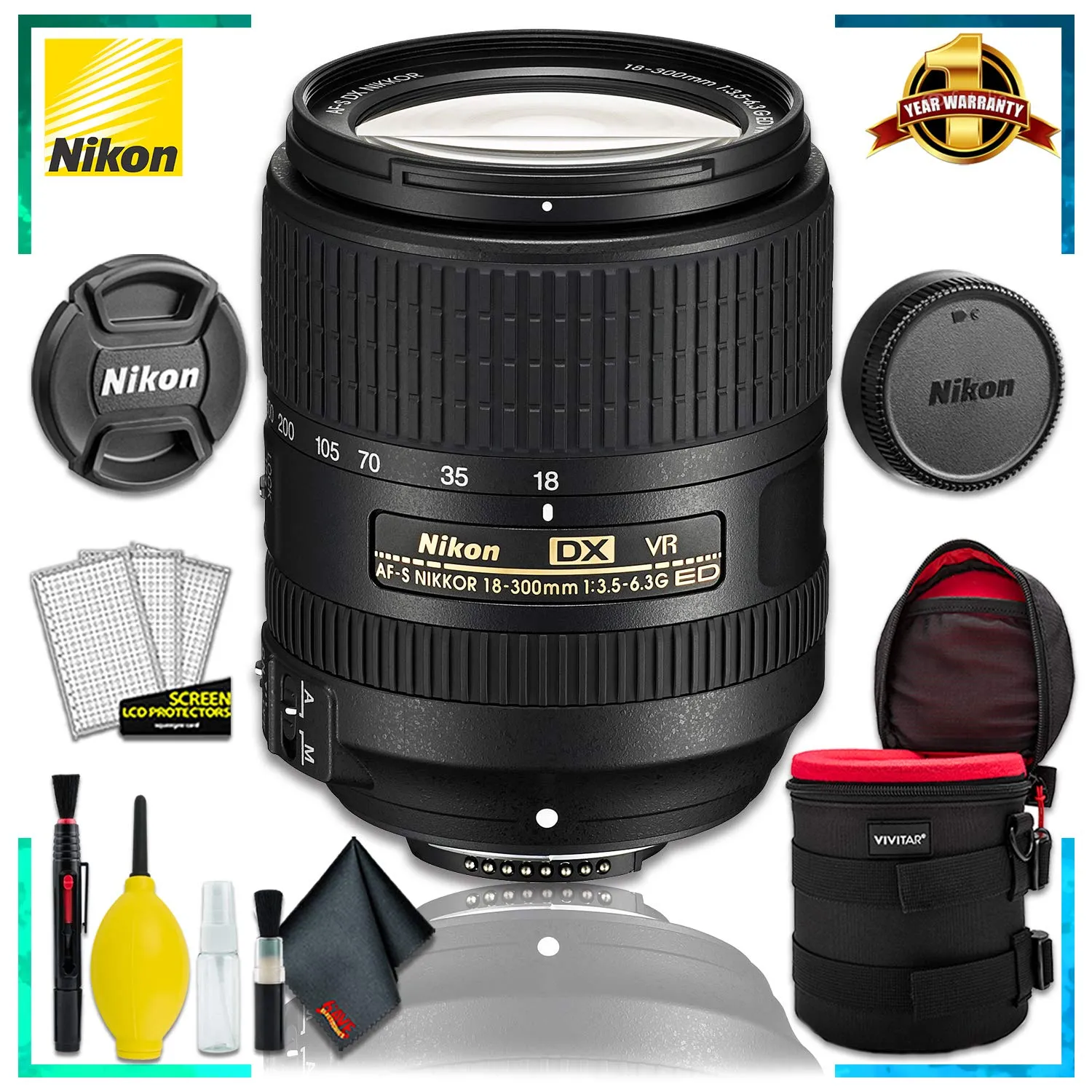 Nikon AF-S DX VR Nikkor 18-300MM Lens (Intl Model)   4.5 inch Vivitar Premium Lens Case   Cleaning Kit